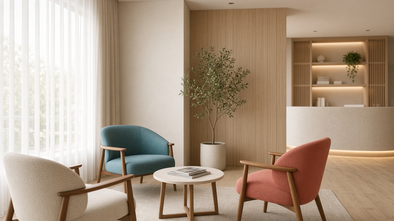Render: sala d'attesa di uno studio dentistico