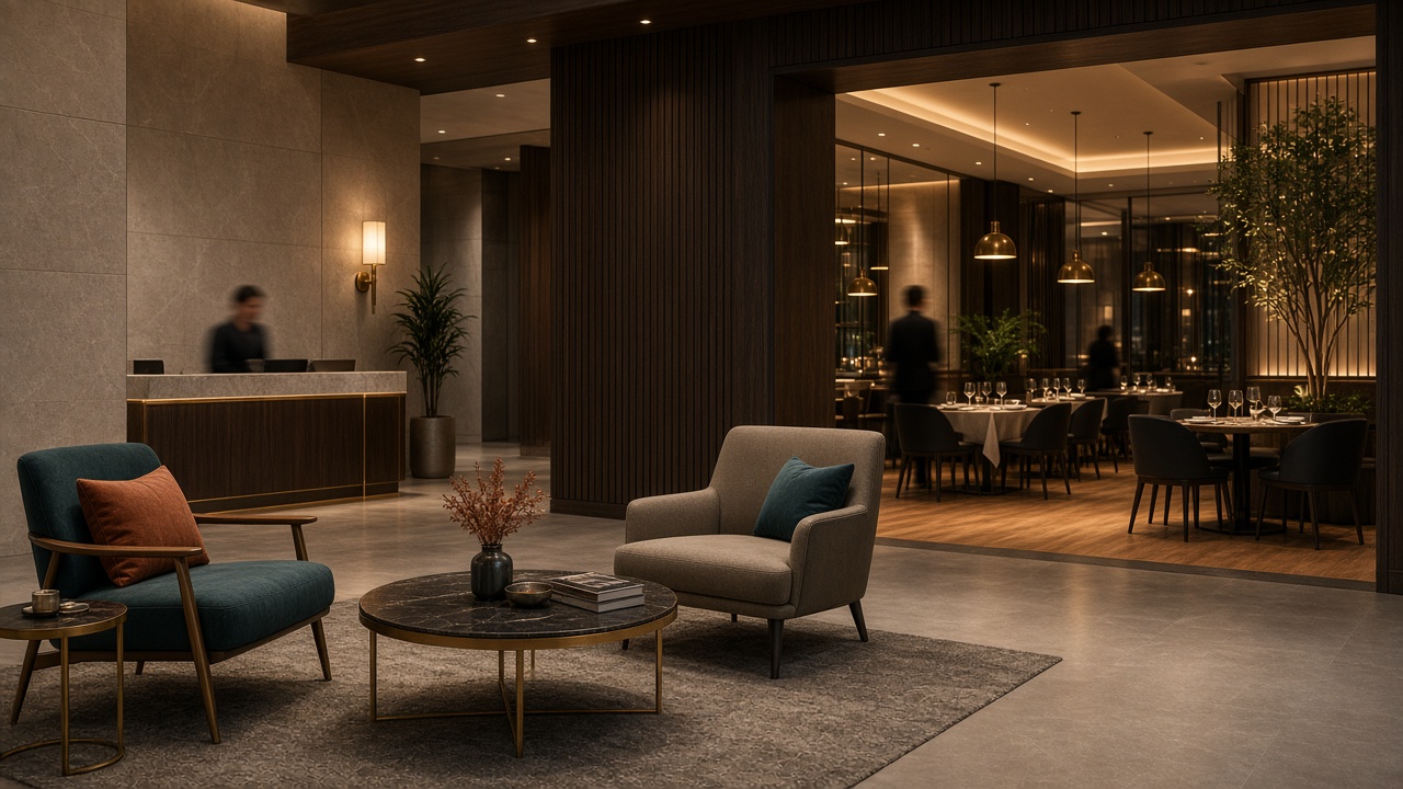 Render: hall di un business hotel con il ristorante sullo sfondo